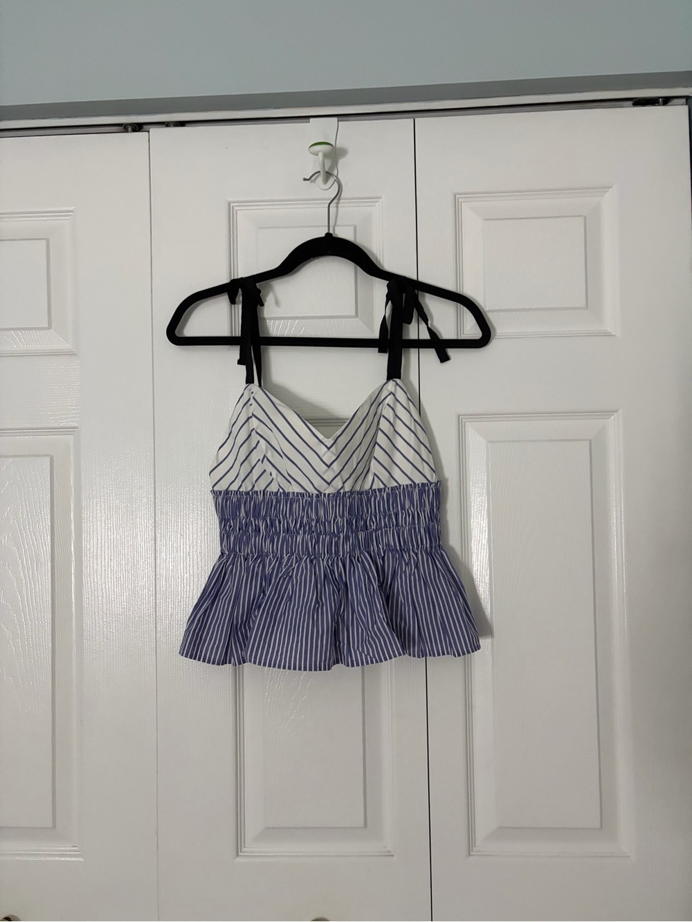 Express Blue and White Striped Tie-Shoulder Peplum Cami